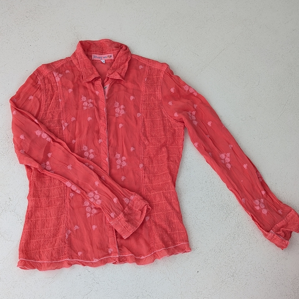 Johnny Was Coral Pink Floral Button-Down Shirt